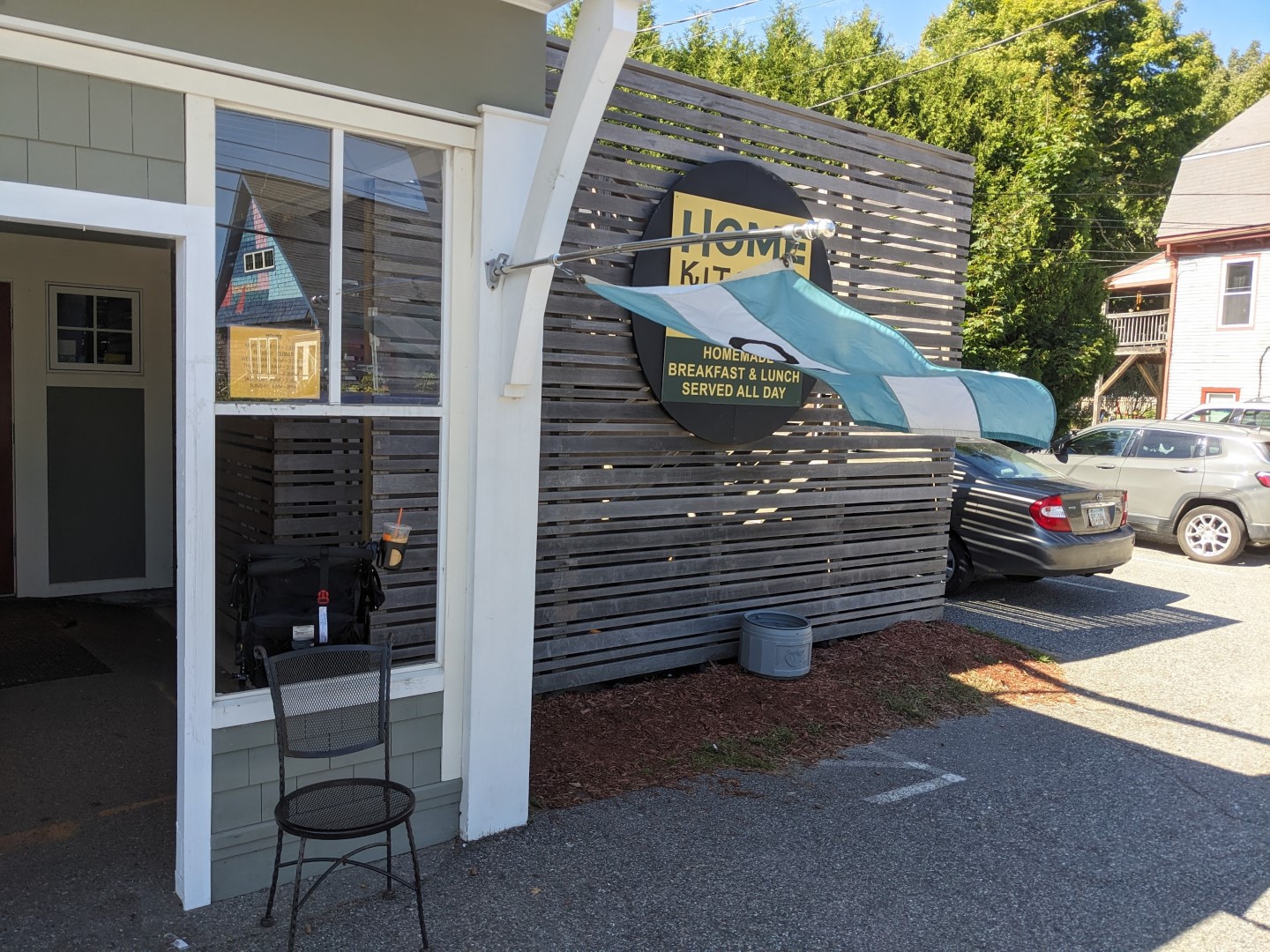 The exterior of the Home Kitchen Café building. At one point, this building used to be a gas station!